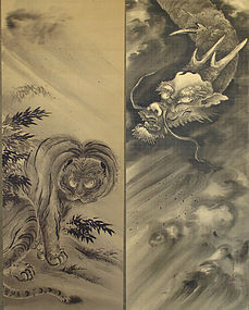 Japanese Pair of Dragon and Tiger Scrolls by Sumiyoshi Hiroyuki