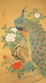 Japanese Scroll Painting of Peacocks Attributed to Tani Bunch&#333;