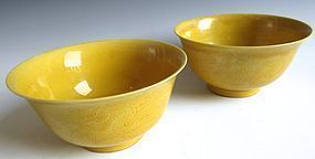 Pair of Antique Chinese Yellow Porcelain Bowls with Dragons