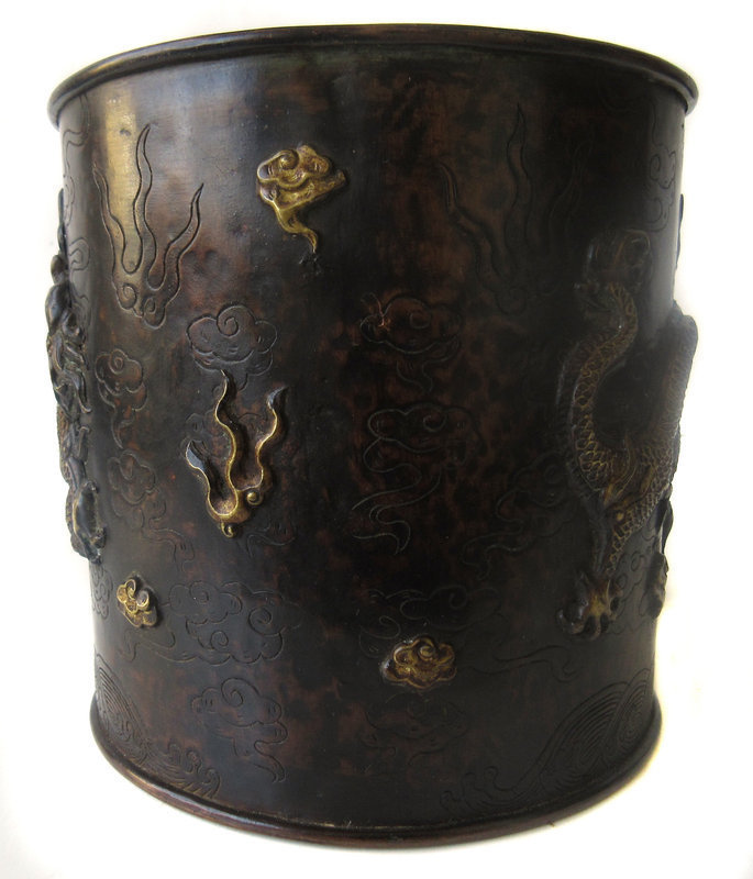 Antique Chinese Bronze Brush Pot w/ Dragons