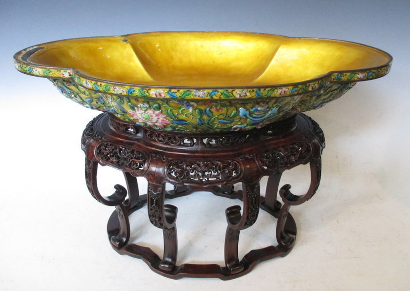 Chinese Antique Large Enamel Bowl and Carved Hardwood Stand