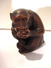 Japanese Meiji Period Boxwood Monkey Eating Persimmon Okimono