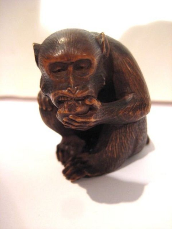 Japanese Meiji Period Boxwood Monkey Eating Persimmon Okimono
