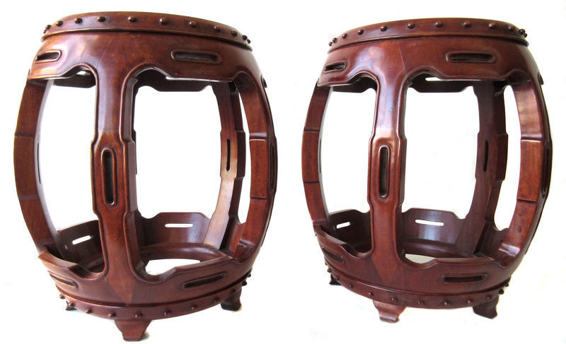 Antique Chinese Pair of Hardwood Barrel Stools