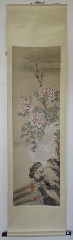 Antique Chinese Scroll of a Rooster with Peonies