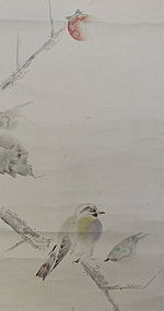 Japanese Signed Scroll Painting of Bird on Persimmon Tree