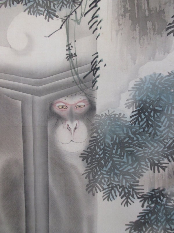 Antique Japanese Scroll of Monkeys in Snow Lanterns