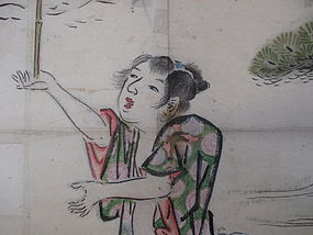Antique Japanese Scroll of a Happily Married Couple with Rakes