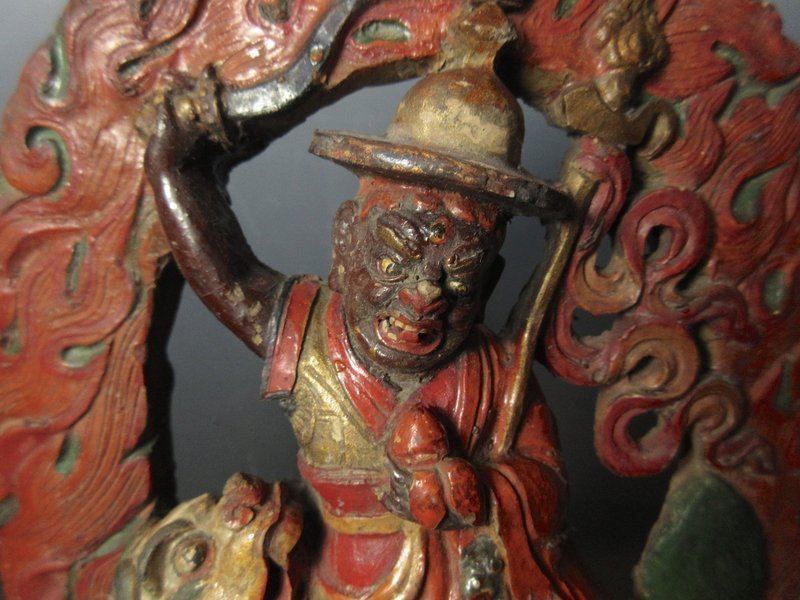 Antique Tibetan Clay Statue of Dorje Shugden on Lion