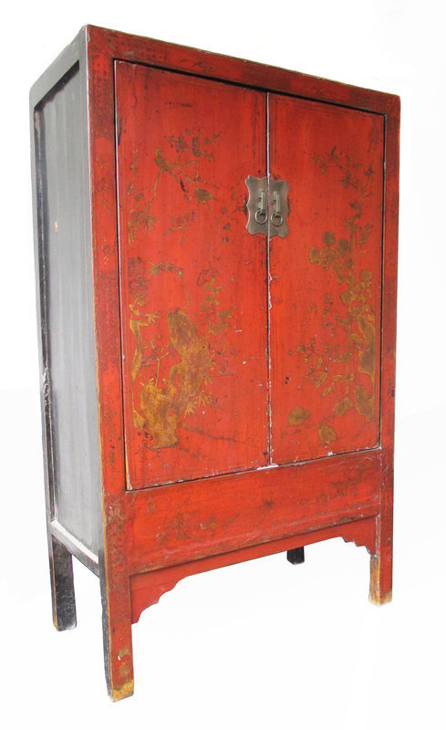 18th Chinese Antique Red and Gold Lacquer Cabinet