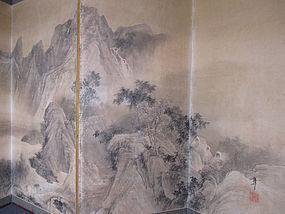 Large Japanese Antique Screen Painting of Mountains and Horses