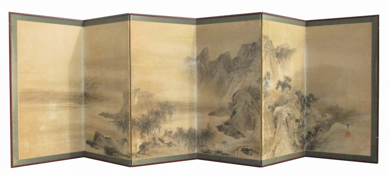 Large Japanese Antique Screen Painting of Mountains and Horses