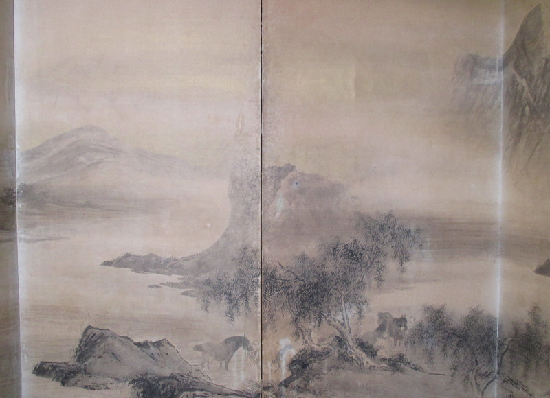 Large Japanese Antique Screen Painting of Mountains and Horses