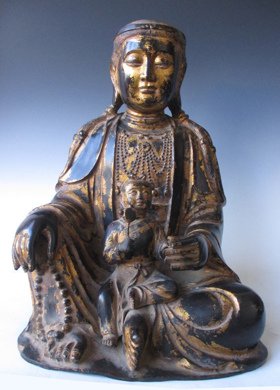 Chinese Qing Dynasty Lacquered Bronze Quanyin and Child