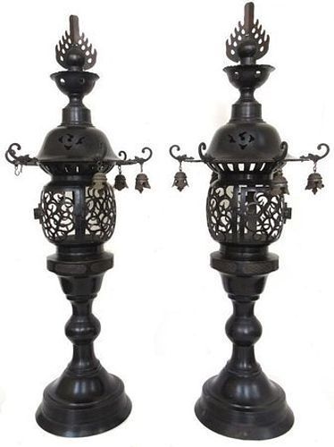 Pair of Antique Japanese Bronze Lanterns