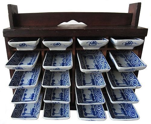 Antique Japanese Complete Set of Porcelain Bowls w/ Storage Box