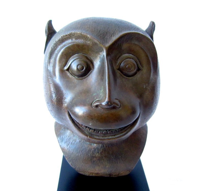 Japanese Bronze Monkey Bust with Iron Stand