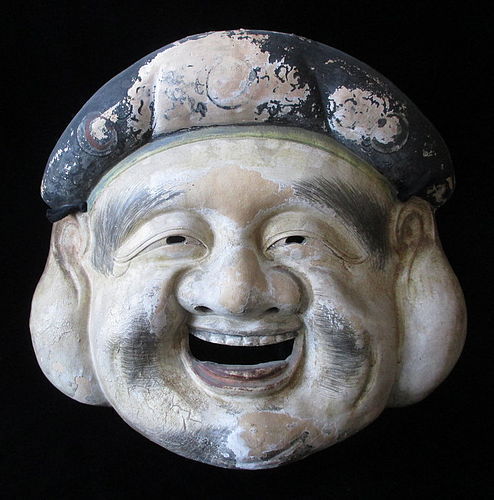 Large and dramatic Japanese Ceramic Mask of Daikoku