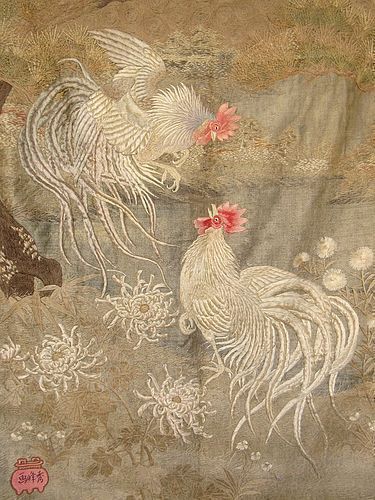 Japanese Antique Embroidered Silk Wall Hanging