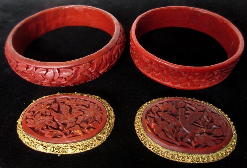 Set of Chinese Cinnabar Jewelry Items