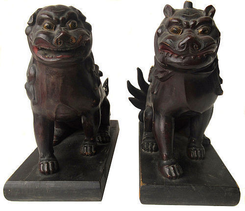 Antique Japanese Pair of Carved Temple Fu Dogs