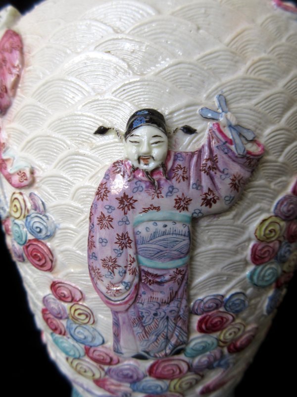 Antique Chinese Famille Rose Porcelain Vase w/ 8 Immortals