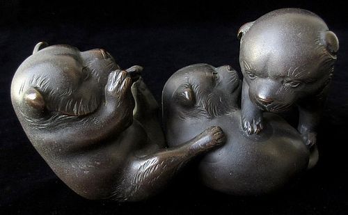 Beautiful Playful Japanese Signed Bronze Figure of Puppies