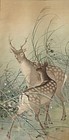 Incredible Antique Japanese Large Scroll Painting of Deer
