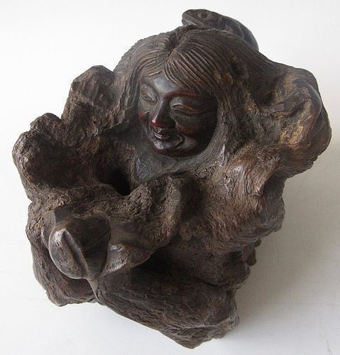 Japanese Burl Wood Carving of Man and Frog