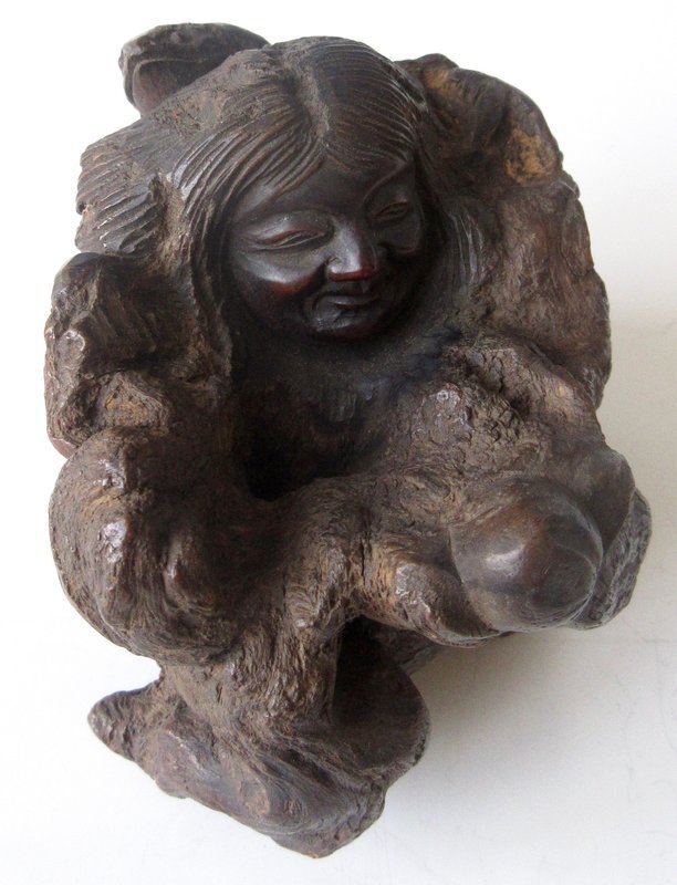 Japanese Burl Wood Carving of Man and Frog