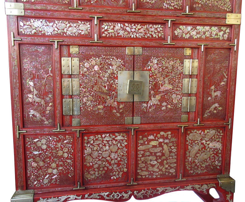 Antique Korean Pair of Red Lacquer Cabinets with Inlay