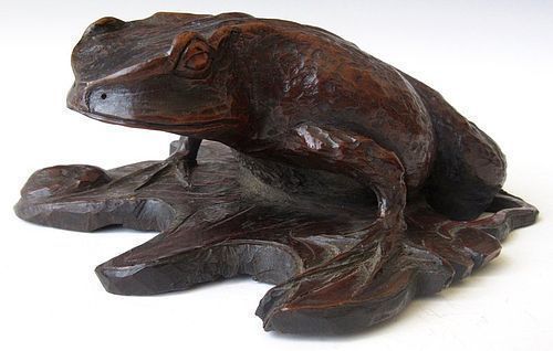 Beautiful Original Japanese Signed Wood Carving of a Frog and Leaf