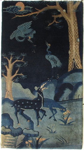 Chinese 19th Century Blue Peking Rug with Deer and Cranes