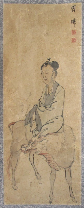 Japanese 18th Century Scroll Painting of Maiden on Kirin