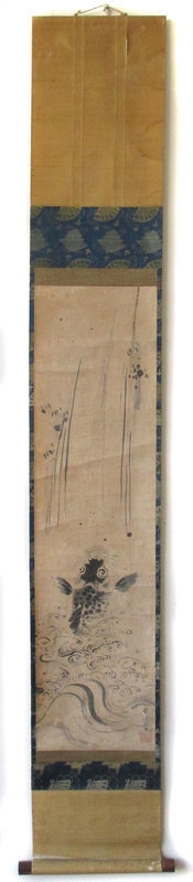 Small Japanese 18th Century Scroll Painting of Leaping Koi