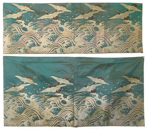 Antique Japanese Set of Two Silk Panels with Flying Cranes