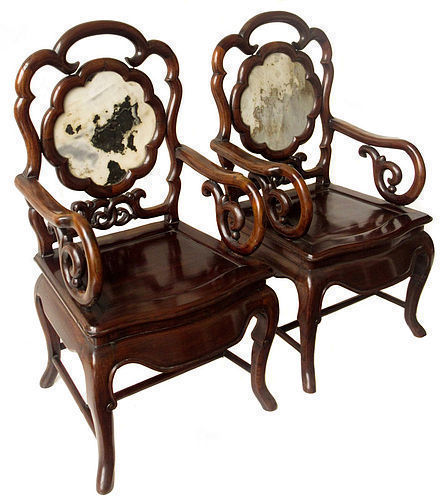 Antique Chinese Pair of Hardwood Chairs w/ Marble