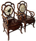 Antique Chinese Pair of Hardwood Chairs w/ Marble