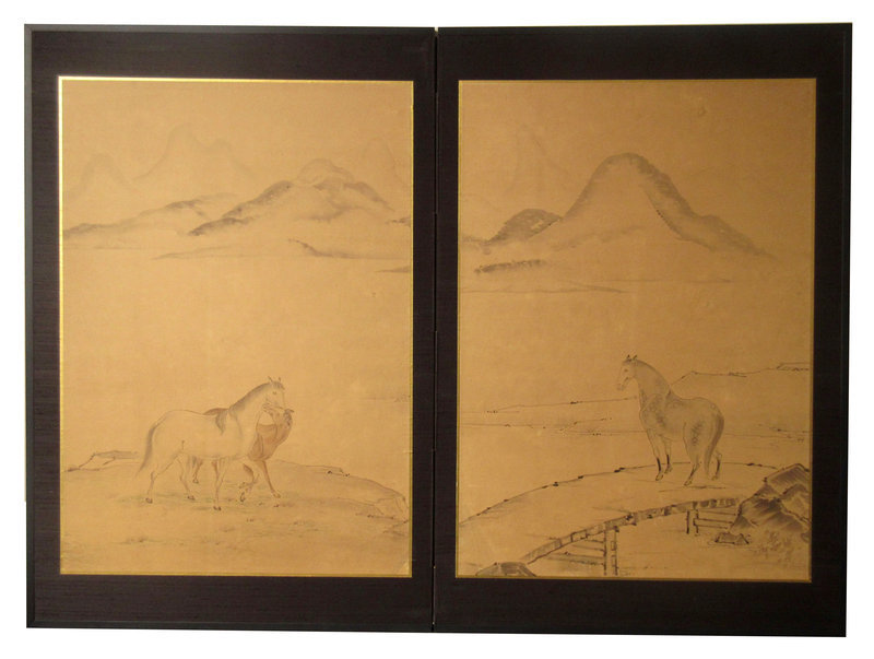 Antique Japanese Two Panel Screen with Horses