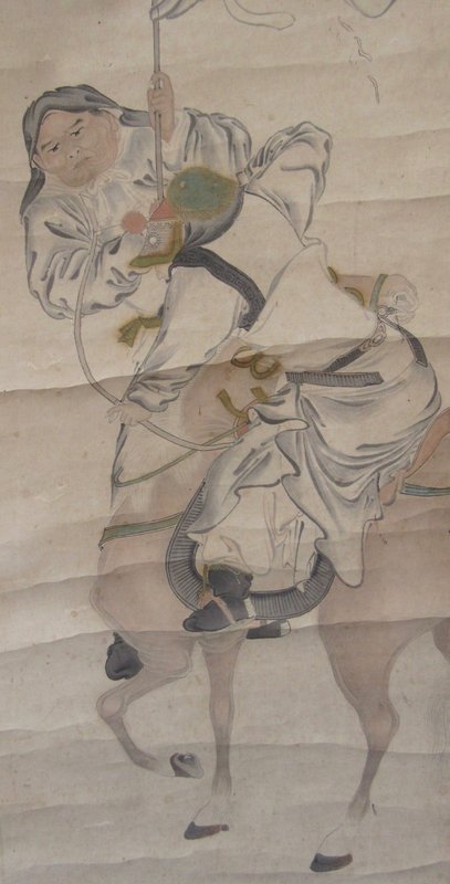 Antique Chinese Scroll Painting of Soldier on Horseback
