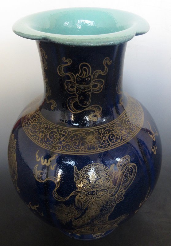 Antique Chinese Monochrome Vase w/ Gilt Fu Dogs