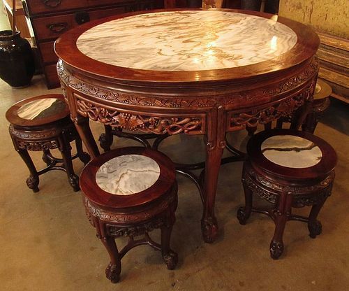 Chinese Round Marble Top Table and Stool Set