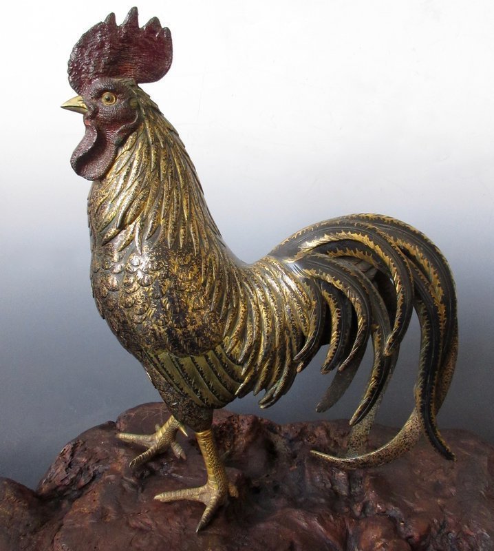 Antique Japanese Gilt Bronze Rooster