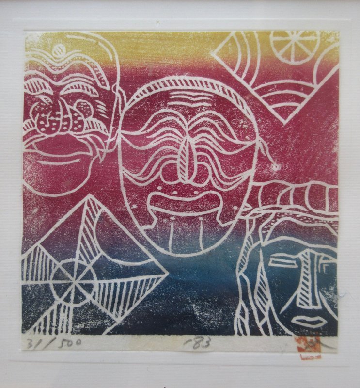 Korean Framed Woodblock Print of Colorful Masks