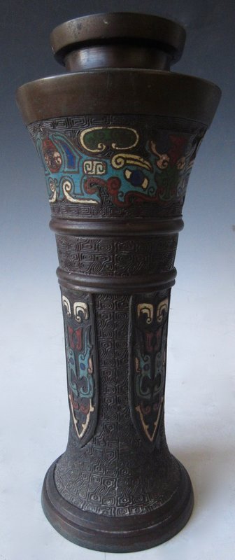 Antique Japanese Bronze Archaic Vase with Cloisonné