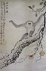 Antique Chinese Scroll Painting of a Monkey and Persimmons