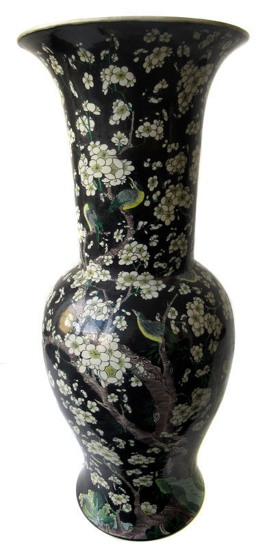Large Antique Chinese Black Porcelain Vase with Birds and Flowers