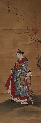 Antique Japanese Scroll Painting of Beauties