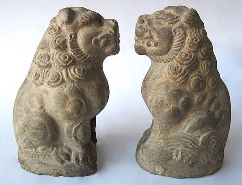 Antique Chinese Pair of Clay Fu Dogs