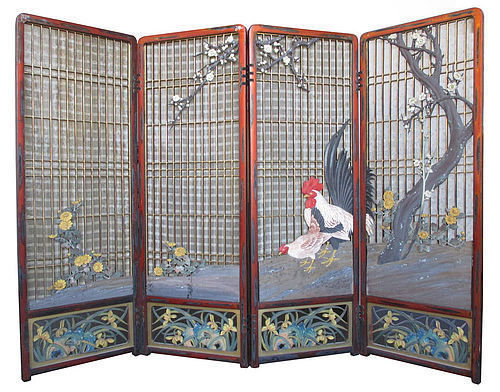 Japanese Meiji Period 4 Panel Carved Wooden Screen with Chickens